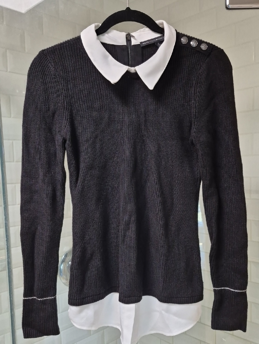 WHBM Black Knit Sweater With White Faux Blouse Collar And Shirttail Sz S